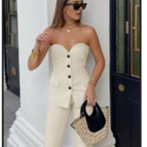 Commense button-up sweetheart tube top -- off-white, size XS